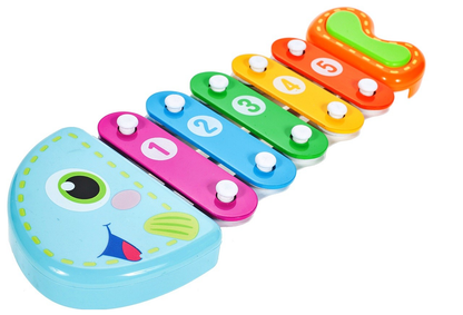 Xilofon Muzical Piranha Fish, 24 cm lungime, Permite dezvoltarea abilitatilor muzicale ce creaza o aventura a sunetelor, Instrument muzical in forma de pestisor ce stimuleaza coordonarea motorie si auditiva implicand multe simturi, Culoare-Multicolor