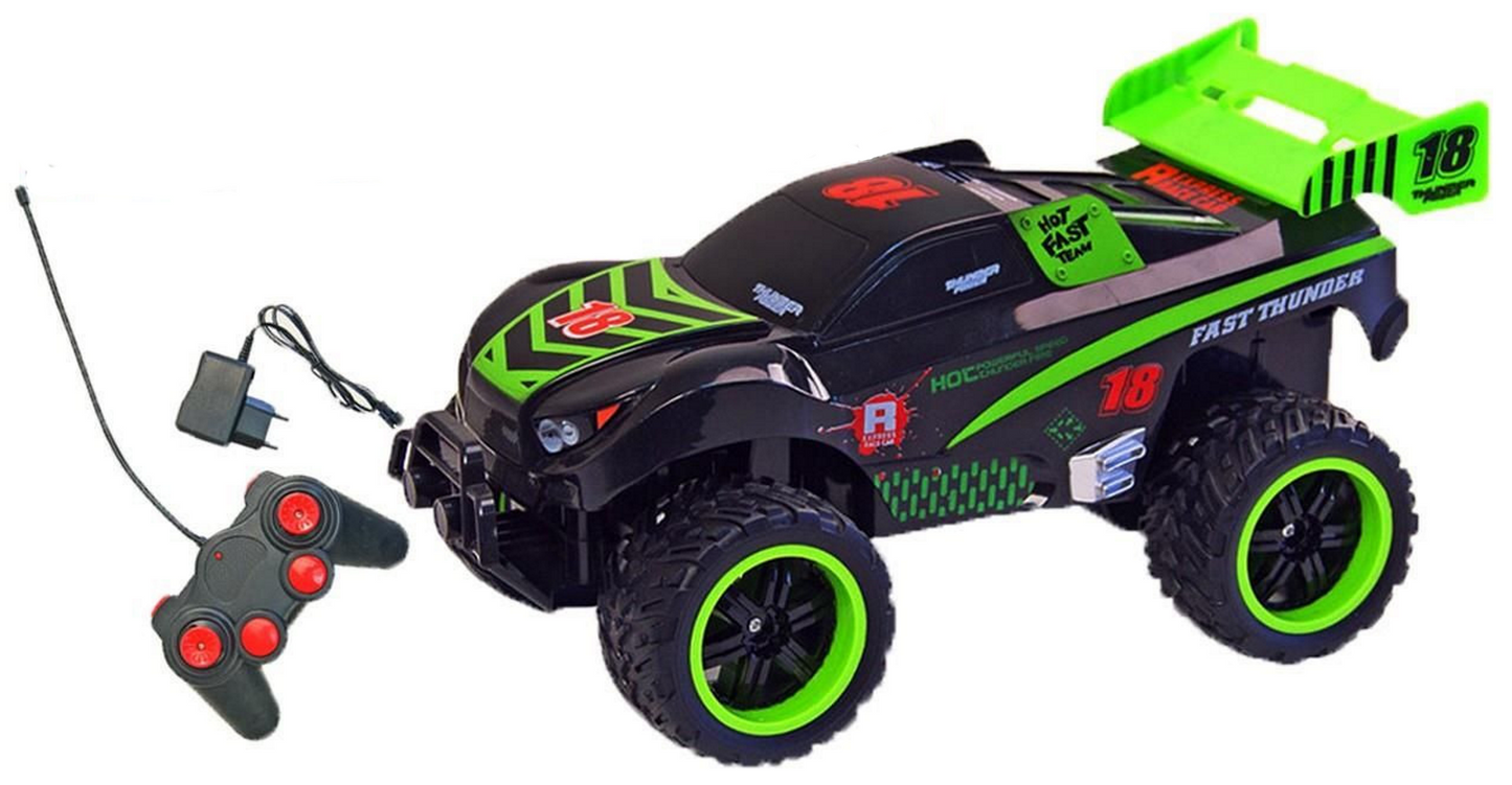 Masinuta Cu Telecomanda si Suspensii OFFROAD RACING FORCE, Dimensiune 30 x 15 x 17 cm, Scara 1:12, Reglarea directiei rotilor, Jante iluminate, Telecomanda Usor de Folosit, Viteza Maxima 15 km/h, Culoare NEGRU-VERDE