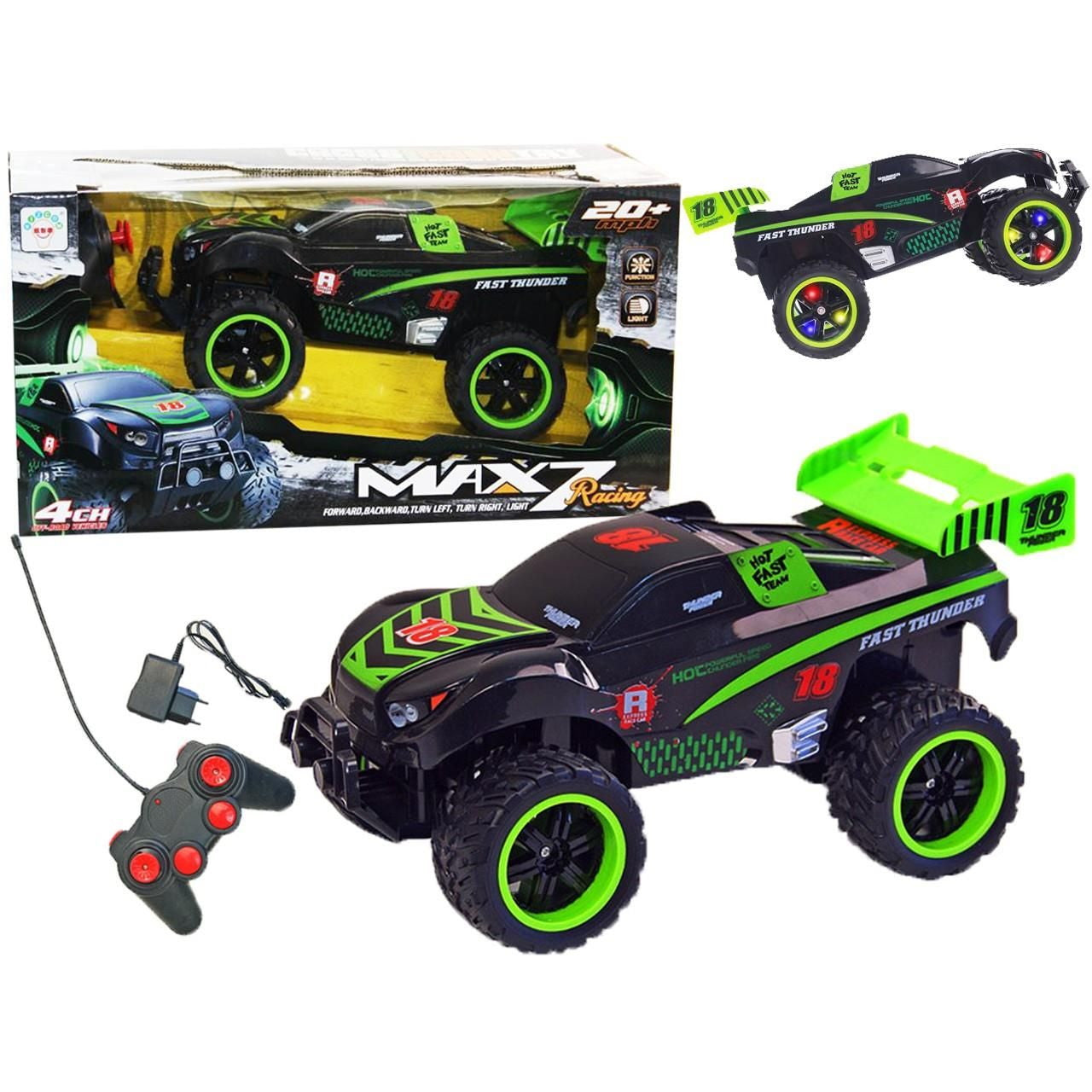 Masinuta Cu Telecomanda si Suspensii OFFROAD RACING FORCE, Dimensiune 30 x 15 x 17 cm, Scara 1:12, Reglarea directiei rotilor, Jante iluminate, Telecomanda Usor de Folosit, Viteza Maxima 15 km/h, Culoare NEGRU-VERDE