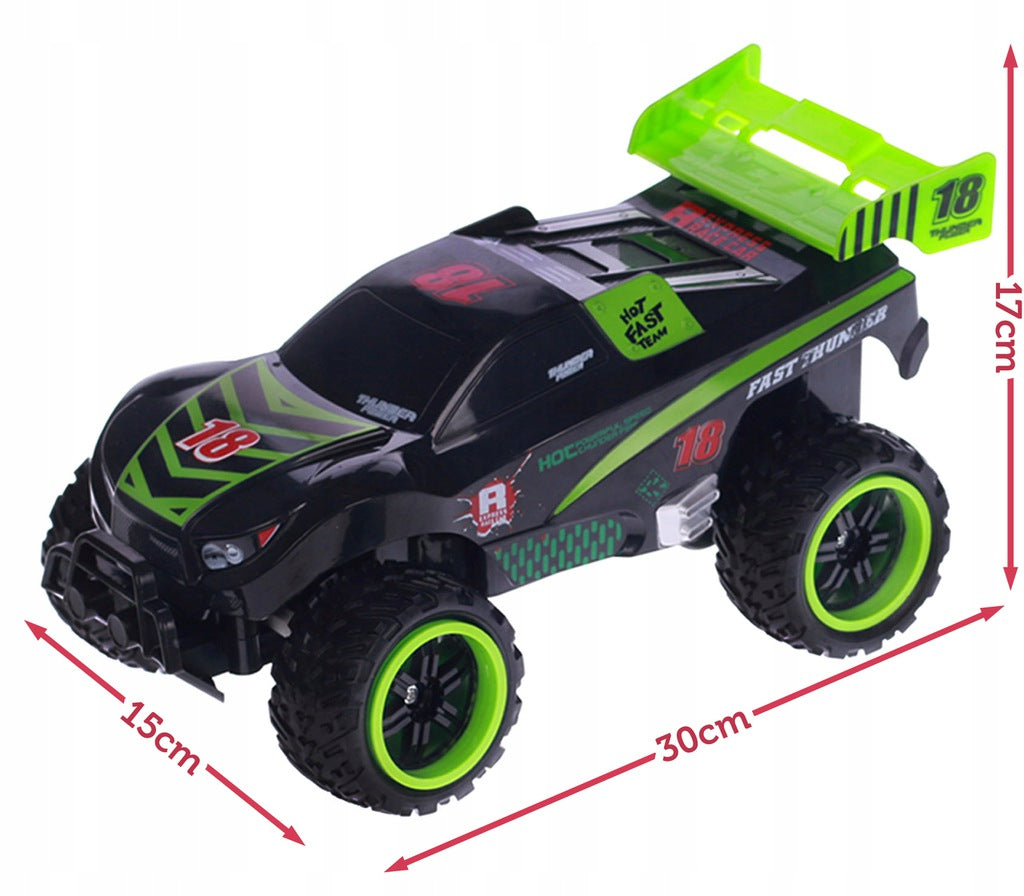 Masinuta Cu Telecomanda si Suspensii OFFROAD RACING FORCE, Dimensiune 30 x 15 x 17 cm, Scara 1:12, Reglarea directiei rotilor, Jante iluminate, Telecomanda Usor de Folosit, Viteza Maxima 15 km/h, Culoare NEGRU-VERDE