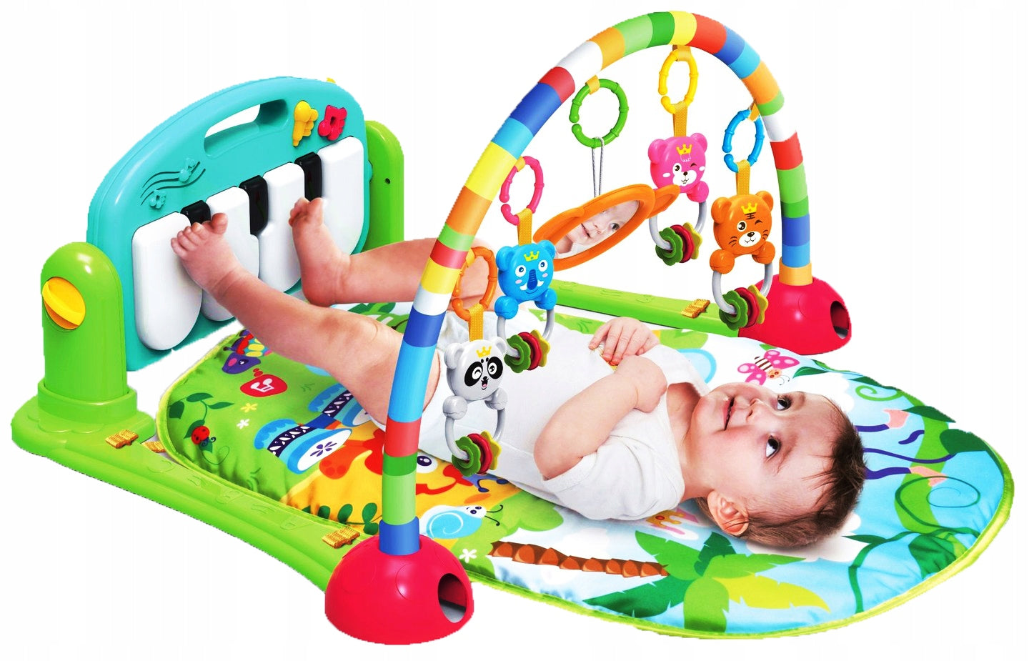 Covoras interactiv Muzical IDL pentru bebelusi cu sunete si lumini, Accesorizat cu pian si jucarii simbolice in culori vii, 3 moduri diferite de pliere, Material moale, Multicolor