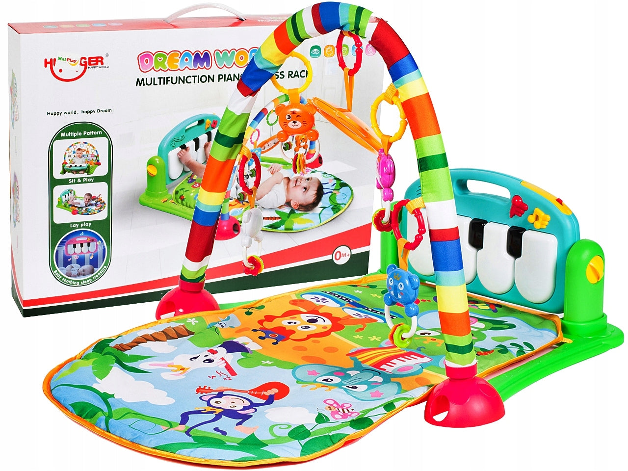 Covoras interactiv Muzical IDL pentru bebelusi cu sunete si lumini, Accesorizat cu pian si jucarii simbolice in culori vii, 3 moduri diferite de pliere, Material moale, Multicolor