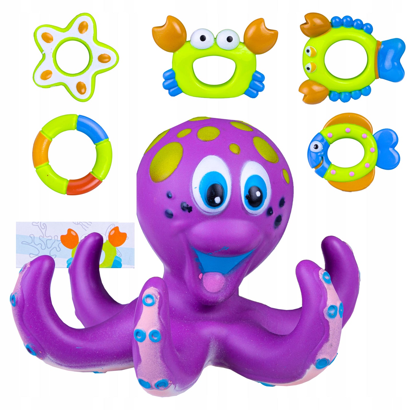 Jucarie de baie idealStore Funny Octopus, 6 Brate, 5 Jucarii de agatat, din Cauciuc, Dezvolta Abilitatile Motorii si Exercita Dexteritatea