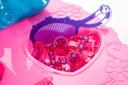 Masuta de Make-Up cu Scaunel idealSTORE, MAGGIE CANDY MIRROR, Dimensiuni 68 x 45 x 24 cm, Echipata cu accesorii specifice bijuterii, produse cosmetice, Dezvolta interese si modeleaza imaginatia fetitelor, Creste aspectul de sine prin jocul de rol, Mov-Roz