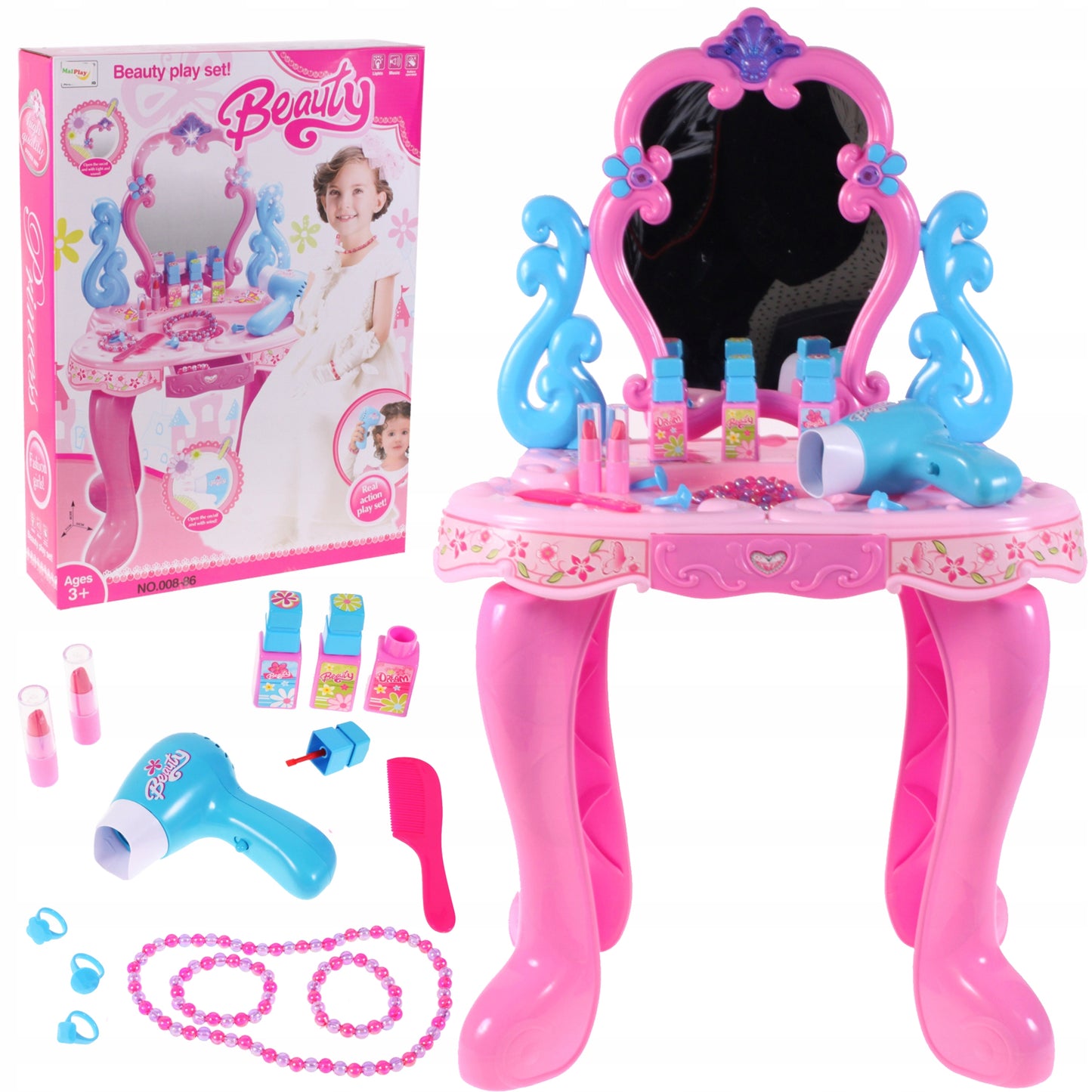 Masuta de Make-Up cu Scaunel idealSTORE, MAGGIE CANDY MIRROR, Dimensiuni 68 x 45 x 24 cm, Echipata cu accesorii specifice bijuterii, produse cosmetice, Dezvolta interese si modeleaza imaginatia fetitelor, Creste aspectul de sine prin jocul de rol, Mov-Roz