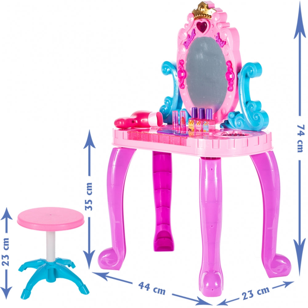 Masuta de Make-Up cu Scaunel idealSTORE, MAGGIE CANDY MIRROR, Dimensiuni 68 x 45 x 24 cm, Echipata cu accesorii specifice bijuterii, produse cosmetice, Dezvolta interese si modeleaza imaginatia fetitelor, Creste aspectul de sine prin jocul de rol, Mov-Roz