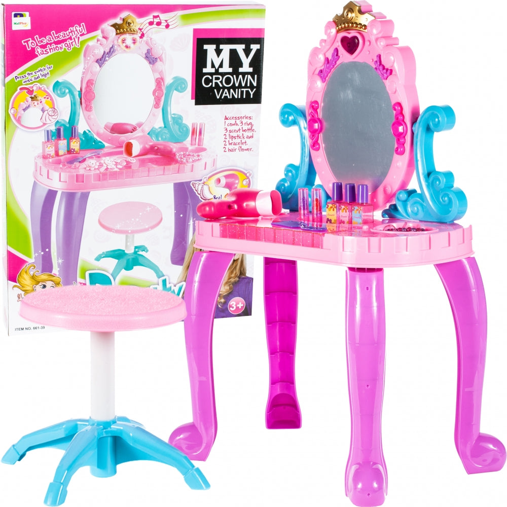 Masuta de Make-Up cu Scaunel idealSTORE, MAGGIE CANDY MIRROR, Dimensiuni 68 x 45 x 24 cm, Echipata cu accesorii specifice bijuterii, produse cosmetice, Dezvolta interese si modeleaza imaginatia fetitelor, Creste aspectul de sine prin jocul de rol, Mov-Roz