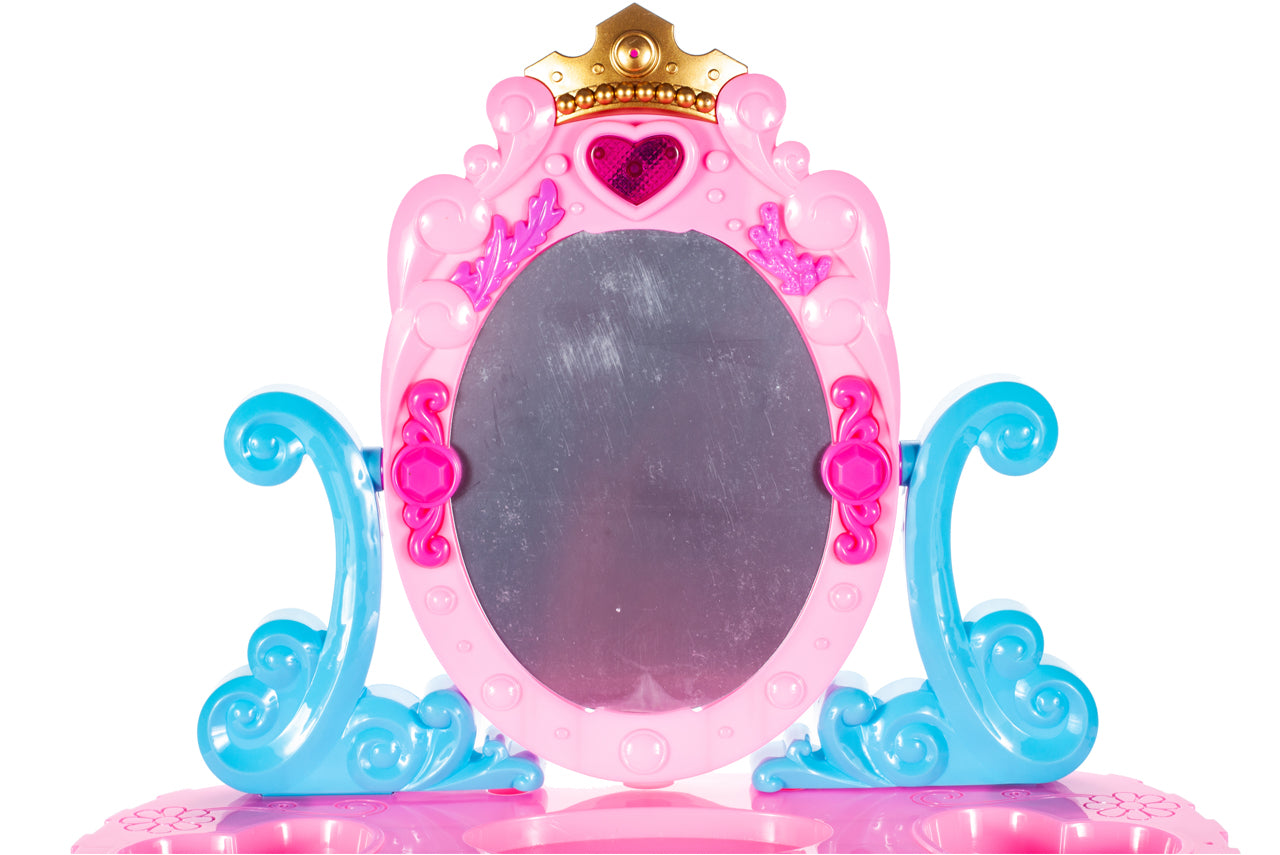 Masuta de Make-Up cu Scaunel idealSTORE, MAGGIE CANDY MIRROR, Dimensiuni 68 x 45 x 24 cm, Echipata cu accesorii specifice bijuterii, produse cosmetice, Dezvolta interese si modeleaza imaginatia fetitelor, Creste aspectul de sine prin jocul de rol, Mov-Roz