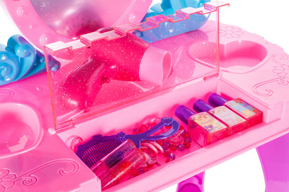 Masuta de Make-Up cu Scaunel idealSTORE, MAGGIE CANDY MIRROR, Dimensiuni 68 x 45 x 24 cm, Echipata cu accesorii specifice bijuterii, produse cosmetice, Dezvolta interese si modeleaza imaginatia fetitelor, Creste aspectul de sine prin jocul de rol, Mov-Roz