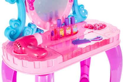 Masuta de Make-Up cu Scaunel idealSTORE, MAGGIE CANDY MIRROR, Dimensiuni 68 x 45 x 24 cm, Echipata cu accesorii specifice bijuterii, produse cosmetice, Dezvolta interese si modeleaza imaginatia fetitelor, Creste aspectul de sine prin jocul de rol, Mov-Roz