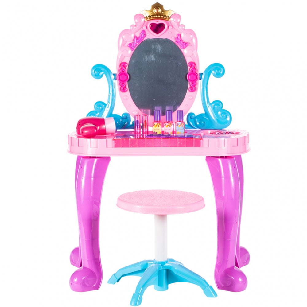 Masuta de Make-Up cu Scaunel idealSTORE, MAGGIE CANDY MIRROR, Dimensiuni 68 x 45 x 24 cm, Echipata cu accesorii specifice bijuterii, produse cosmetice, Dezvolta interese si modeleaza imaginatia fetitelor, Creste aspectul de sine prin jocul de rol, Mov-Roz