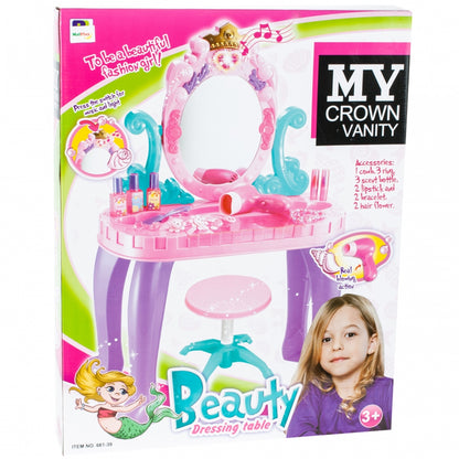 Masuta de Make-Up cu Scaunel idealSTORE, MAGGIE CANDY MIRROR, Dimensiuni 68 x 45 x 24 cm, Echipata cu accesorii specifice bijuterii, produse cosmetice, Dezvolta interese si modeleaza imaginatia fetitelor, Creste aspectul de sine prin jocul de rol, Mov-Roz