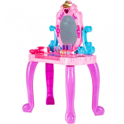 Masuta de Make-Up cu Scaunel idealSTORE, MAGGIE CANDY MIRROR, Dimensiuni 68 x 45 x 24 cm, Echipata cu accesorii specifice bijuterii, produse cosmetice, Dezvolta interese si modeleaza imaginatia fetitelor, Creste aspectul de sine prin jocul de rol, Mov-Roz