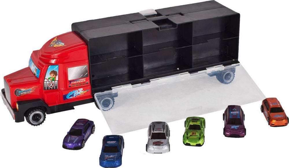 Camion cu rampa de iesire si 6 masinute