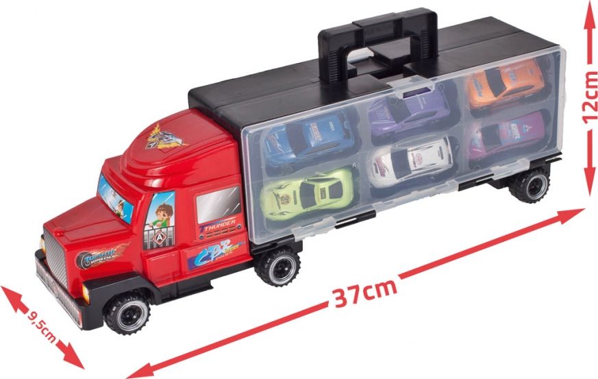 Camion cu rampa de iesire si 6 masinute