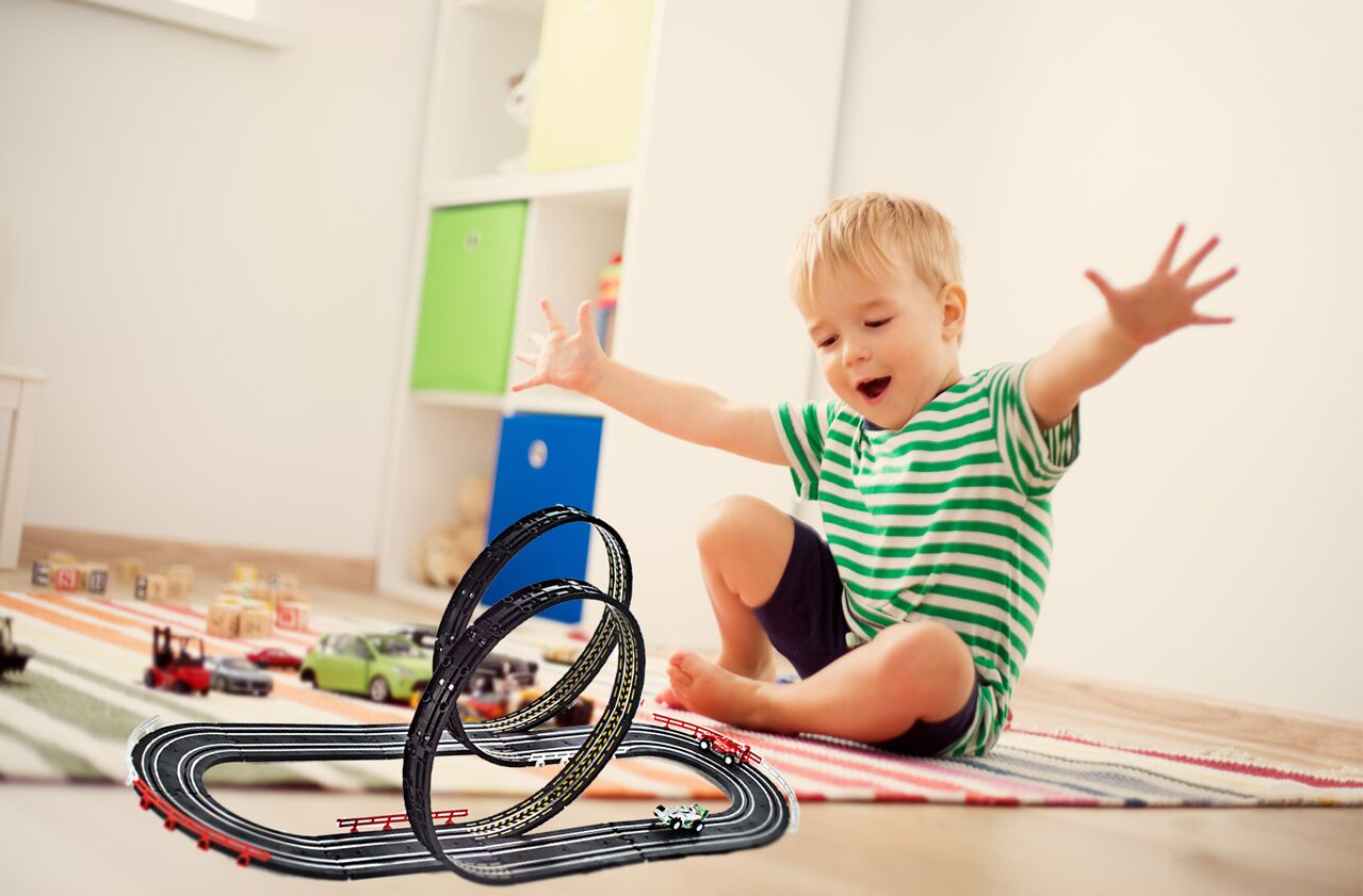 Pista de Curse Electrica Racing Formula 1 idealSTORE, Include 2 Masini Controlate, 2 Telecomenzi, Lungime Pista 388 cm, Decoratiuni Benzi, Semnalizare, Sustine Dezvoltarea Imaginatiei