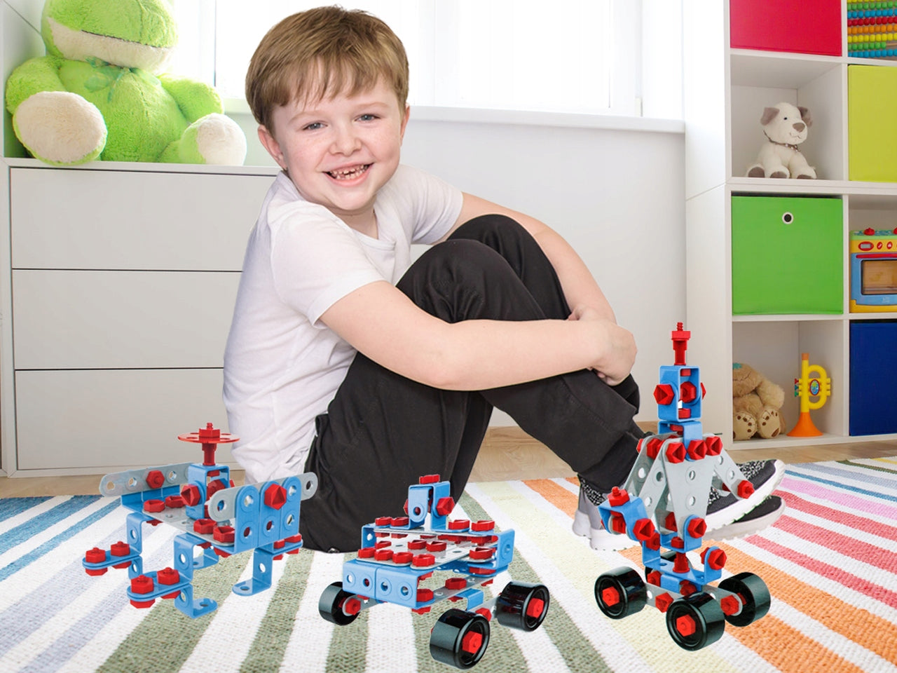 Set Joaca Constructie 7 in 1 IDL, JUNIOR BLOCK cu 247 de Elemente ideale pentru a CONSTRUI diverse Vehicule, Ajuta la Dezvoltarea Abilitatilor manuale si tehnice, Sporeste imaginatia ajutand copilul sa formeze procesul de amintire