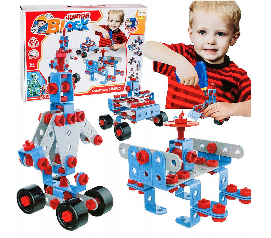 Set Joaca Constructie 7 in 1 IDL, JUNIOR BLOCK cu 247 de Elemente ideale pentru a CONSTRUI diverse Vehicule, Ajuta la Dezvoltarea Abilitatilor manuale si tehnice, Sporeste imaginatia ajutand copilul sa formeze procesul de amintire