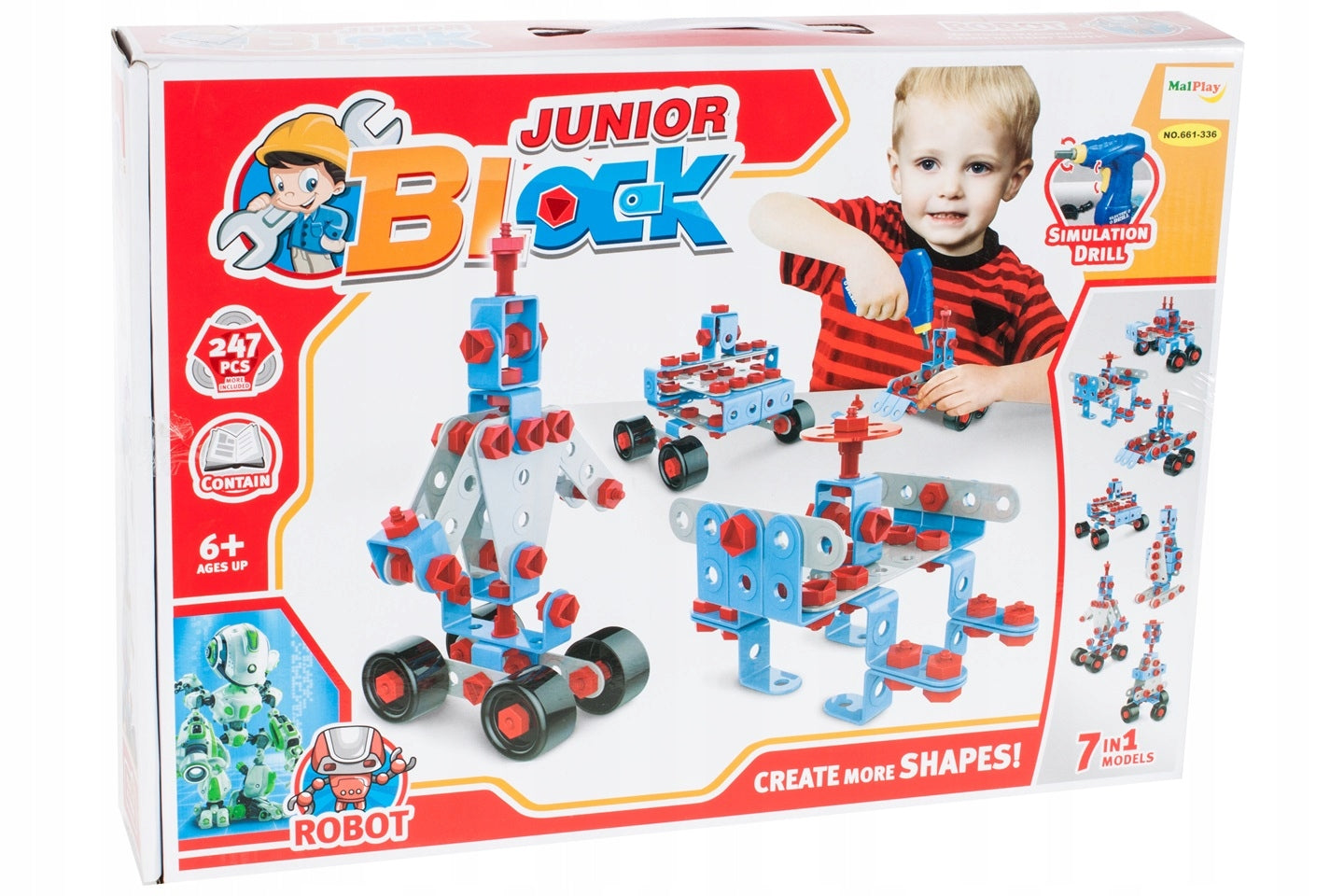 Set Joaca Constructie 7 in 1 IDL, JUNIOR BLOCK cu 247 de Elemente ideale pentru a CONSTRUI diverse Vehicule, Ajuta la Dezvoltarea Abilitatilor manuale si tehnice, Sporeste imaginatia ajutand copilul sa formeze procesul de amintire