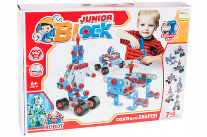Set Joaca Constructie 7 in 1 IDL, JUNIOR BLOCK cu 247 de Elemente ideale pentru a CONSTRUI diverse Vehicule, Ajuta la Dezvoltarea Abilitatilor manuale si tehnice, Sporeste imaginatia ajutand copilul sa formeze procesul de amintire