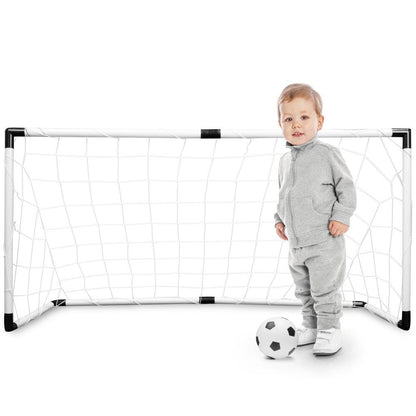 Set Joaca Micul Fotbalist cu Porti Fotbal IDL 2 in 1 alaturi de Pompa Umflare Mingi, se pot obtine 2 porti mici sau 1 poarta mare, Carlige de prindere a portilor incluse, Culoare Alb-Negru, Material Plastic, Minge Fotbal Cadou
