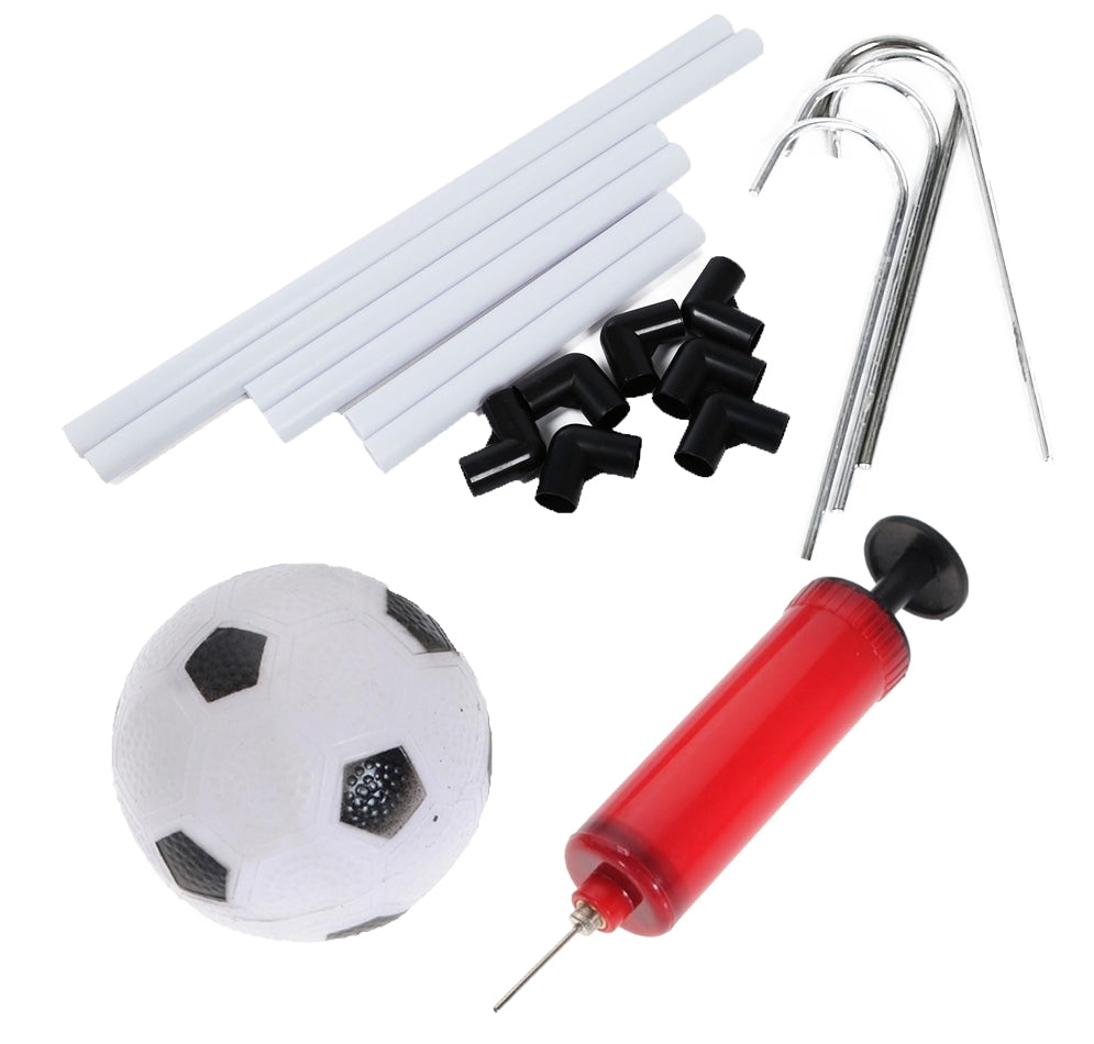 Set Joaca Micul Fotbalist cu Porti Fotbal IDL 2 in 1 alaturi de Pompa Umflare Mingi, se pot obtine 2 porti mici sau 1 poarta mare, Carlige de prindere a portilor incluse, Culoare Alb-Negru, Material Plastic, Minge Fotbal Cadou