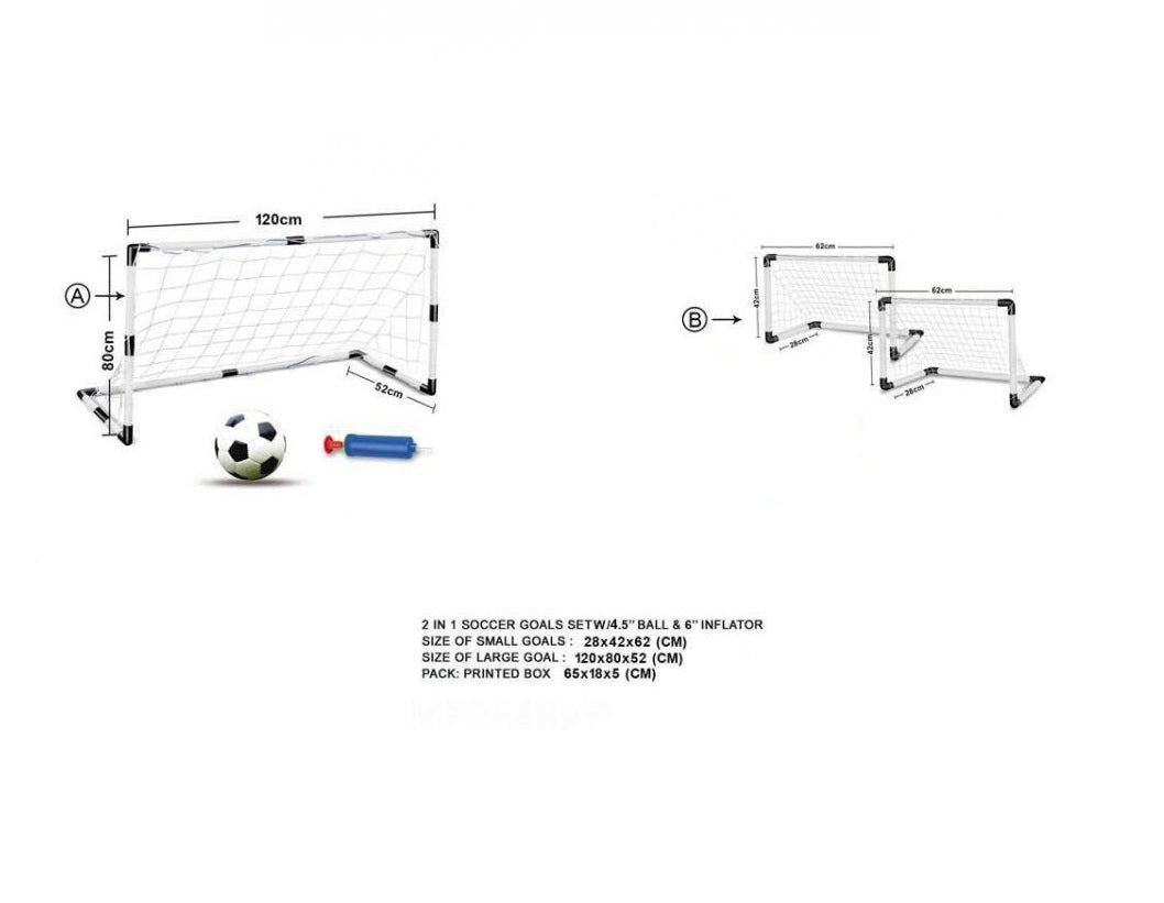 Set Joaca Micul Fotbalist cu Porti Fotbal IDL 2 in 1 alaturi de Pompa Umflare Mingi, se pot obtine 2 porti mici sau 1 poarta mare, Carlige de prindere a portilor incluse, Culoare Alb-Negru, Material Plastic, Minge Fotbal Cadou