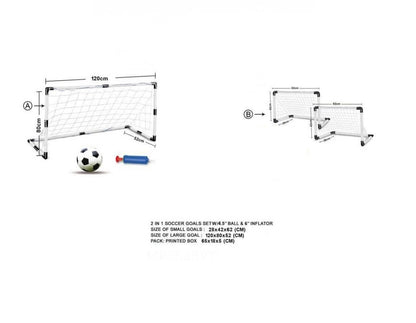 Set Joaca Micul Fotbalist cu Porti Fotbal IDL 2 in 1 alaturi de Pompa Umflare Mingi, se pot obtine 2 porti mici sau 1 poarta mare, Carlige de prindere a portilor incluse, Culoare Alb-Negru, Material Plastic, Minge Fotbal Cadou