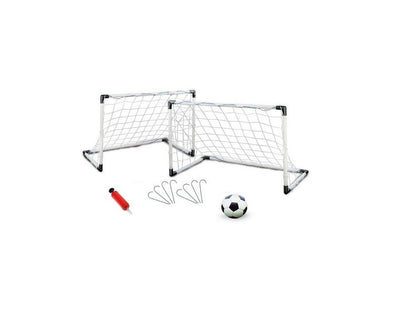 Set Joaca Micul Fotbalist cu Porti Fotbal IDL 2 in 1 alaturi de Pompa Umflare Mingi, se pot obtine 2 porti mici sau 1 poarta mare, Carlige de prindere a portilor incluse, Culoare Alb-Negru, Material Plastic, Minge Fotbal Cadou