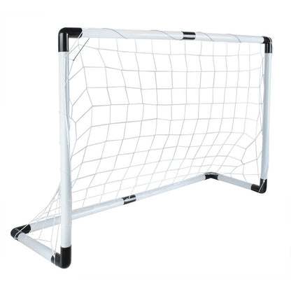 Set Joaca Micul Fotbalist cu Porti Fotbal IDL 2 in 1 alaturi de Pompa Umflare Mingi, se pot obtine 2 porti mici sau 1 poarta mare, Carlige de prindere a portilor incluse, Culoare Alb-Negru, Material Plastic, Minge Fotbal Cadou