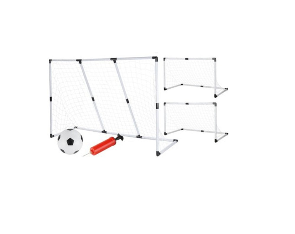 Set Joaca Micul Fotbalist cu Porti Fotbal IDL 2 in 1 alaturi de Pompa Umflare Mingi, se pot obtine 2 porti mici sau 1 poarta mare, Carlige de prindere a portilor incluse, Culoare Alb-Negru, Material Plastic, Minge Fotbal Cadou
