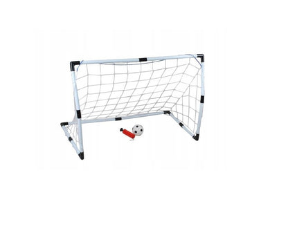 Set Joaca Micul Fotbalist cu Porti Fotbal IDL 2 in 1 alaturi de Pompa Umflare Mingi, se pot obtine 2 porti mici sau 1 poarta mare, Carlige de prindere a portilor incluse, Culoare Alb-Negru, Material Plastic, Minge Fotbal Cadou
