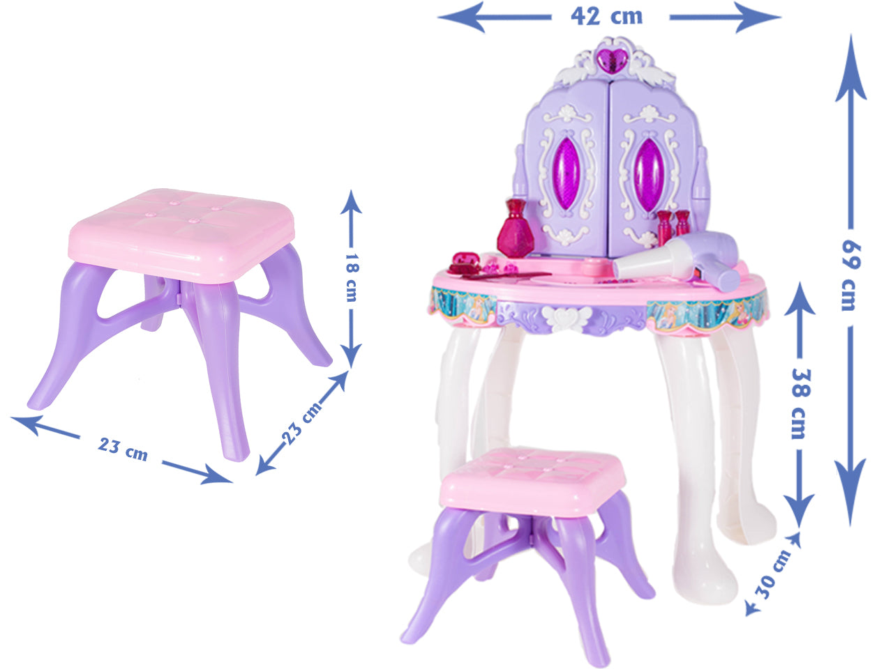 Masuta de Make-Up cu Scaunel idealSTORE PURPLE Glamour Dresser, Dimensiuni 40 x 30 x 69 cm, Echipata cu iesire MP3, Accesorizata cu elemente simbolice glamour, Efecte sonore su luminoase, Mov-Alb