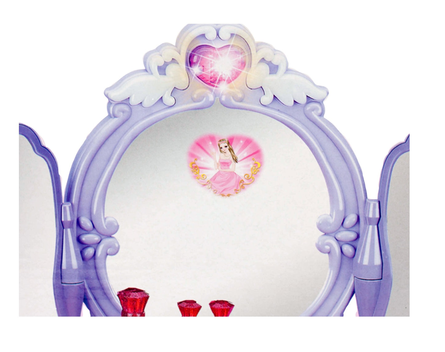 Masuta de Make-Up cu Scaunel idealSTORE PURPLE Glamour Dresser, Dimensiuni 40 x 30 x 69 cm, Echipata cu iesire MP3, Accesorizata cu elemente simbolice glamour, Efecte sonore su luminoase, Mov-Alb