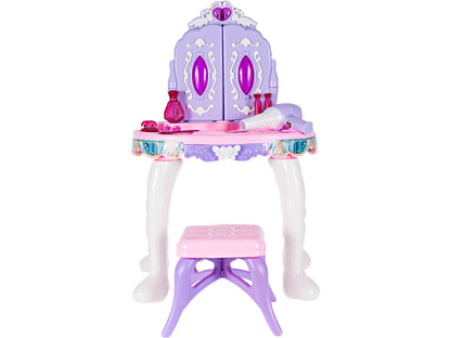 Masuta de Make-Up cu Scaunel idealSTORE PURPLE Glamour Dresser, Dimensiuni 40 x 30 x 69 cm, Echipata cu iesire MP3, Accesorizata cu elemente simbolice glamour, Efecte sonore su luminoase, Mov-Alb