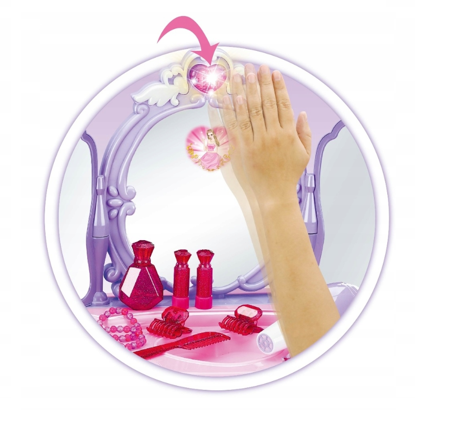 Masuta de Make-Up cu Scaunel idealSTORE PURPLE Glamour Dresser, Dimensiuni 40 x 30 x 69 cm, Echipata cu iesire MP3, Accesorizata cu elemente simbolice glamour, Efecte sonore su luminoase, Mov-Alb