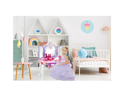 Masuta de Make-Up cu Scaunel idealSTORE PURPLE Glamour Dresser, Dimensiuni 40 x 30 x 69 cm, Echipata cu iesire MP3, Accesorizata cu elemente simbolice glamour, Efecte sonore su luminoase, Mov-Alb