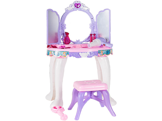 Masuta de Make-Up cu Scaunel idealSTORE PURPLE Glamour Dresser, Dimensiuni 40 x 30 x 69 cm, Echipata cu iesire MP3, Accesorizata cu elemente simbolice glamour, Efecte sonore su luminoase, Mov-Alb