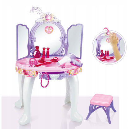 Masuta de Make-Up cu Scaunel idealSTORE PURPLE Glamour Dresser, Dimensiuni 40 x 30 x 69 cm, Echipata cu iesire MP3, Accesorizata cu elemente simbolice glamour, Efecte sonore su luminoase, Mov-Alb