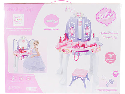 Masuta de Make-Up cu Scaunel idealSTORE PURPLE Glamour Dresser, Dimensiuni 40 x 30 x 69 cm, Echipata cu iesire MP3, Accesorizata cu elemente simbolice glamour, Efecte sonore su luminoase, Mov-Alb