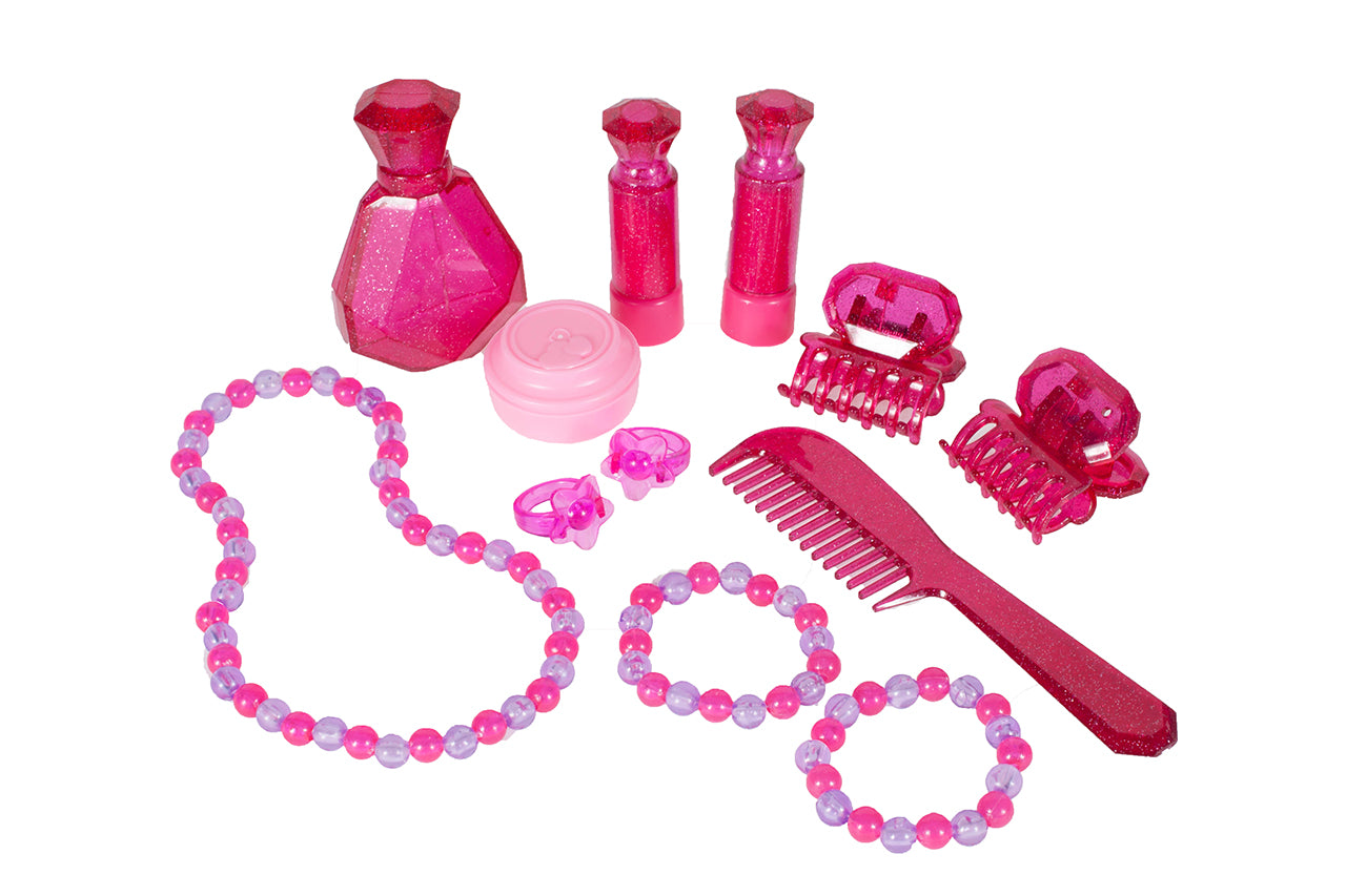 Masuta de Make-Up cu Scaunel idealSTORE PURPLE Glamour Dresser, Dimensiuni 40 x 30 x 69 cm, Echipata cu iesire MP3, Accesorizata cu elemente simbolice glamour, Efecte sonore su luminoase, Mov-Alb