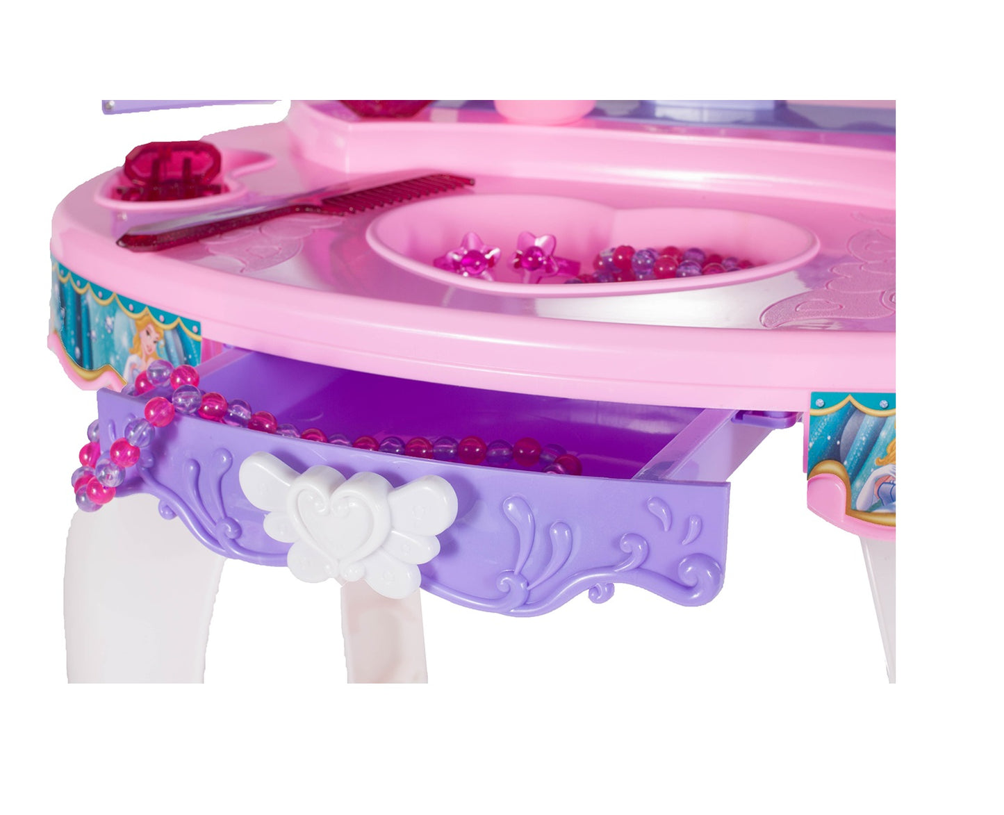 Masuta de Make-Up cu Scaunel idealSTORE PURPLE Glamour Dresser, Dimensiuni 40 x 30 x 69 cm, Echipata cu iesire MP3, Accesorizata cu elemente simbolice glamour, Efecte sonore su luminoase, Mov-Alb