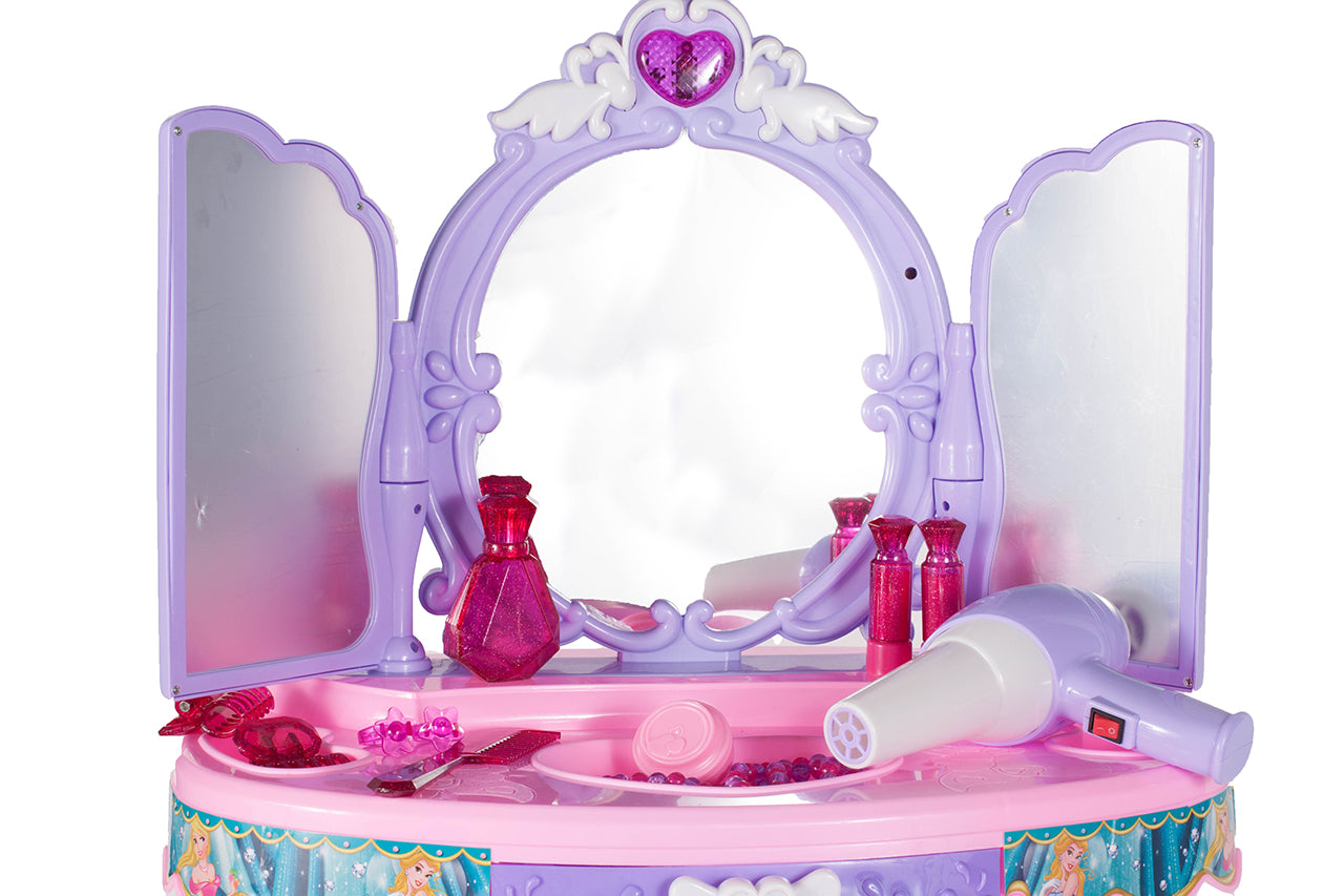 Masuta de Make-Up cu Scaunel idealSTORE PURPLE Glamour Dresser, Dimensiuni 40 x 30 x 69 cm, Echipata cu iesire MP3, Accesorizata cu elemente simbolice glamour, Efecte sonore su luminoase, Mov-Alb