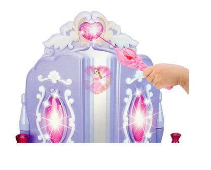 Masuta de Make-Up cu Scaunel idealSTORE PURPLE Glamour Dresser, Dimensiuni 40 x 30 x 69 cm, Echipata cu iesire MP3, Accesorizata cu elemente simbolice glamour, Efecte sonore su luminoase, Mov-Alb