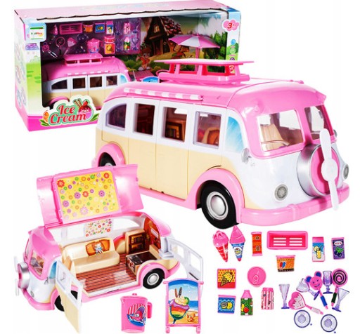 Masina de Inghetata pentru Papusi Dolly Ice Cream idealStore, Dimensiuni 25 x 11 x 12 cm, Roti Mobile, Multitudine de Accesorii Incluse, Stimuleaza Imaginatia si Creativitatea