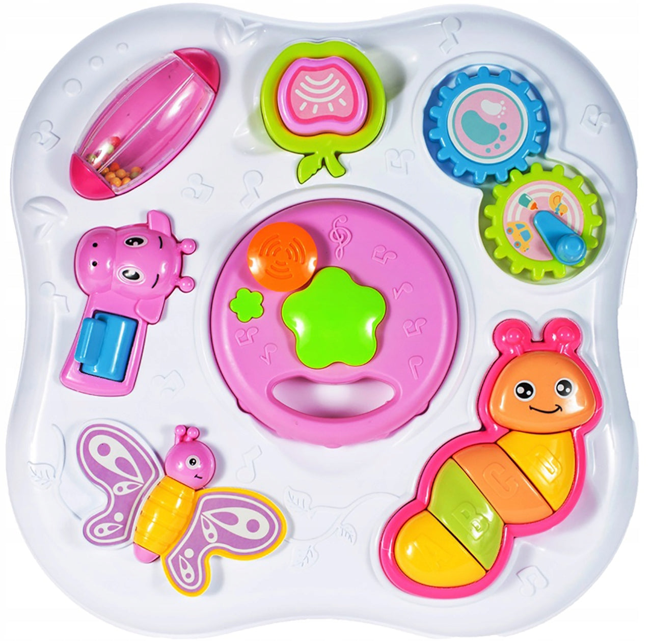 Centru de activitati INTERACTIV Masuta Buclucasa, Echipata cu diverse Elemente Educationale, Sunete si jocuri de lumini cu Rol in Dezvoltarea Psihomotorie a micutilor, Roz