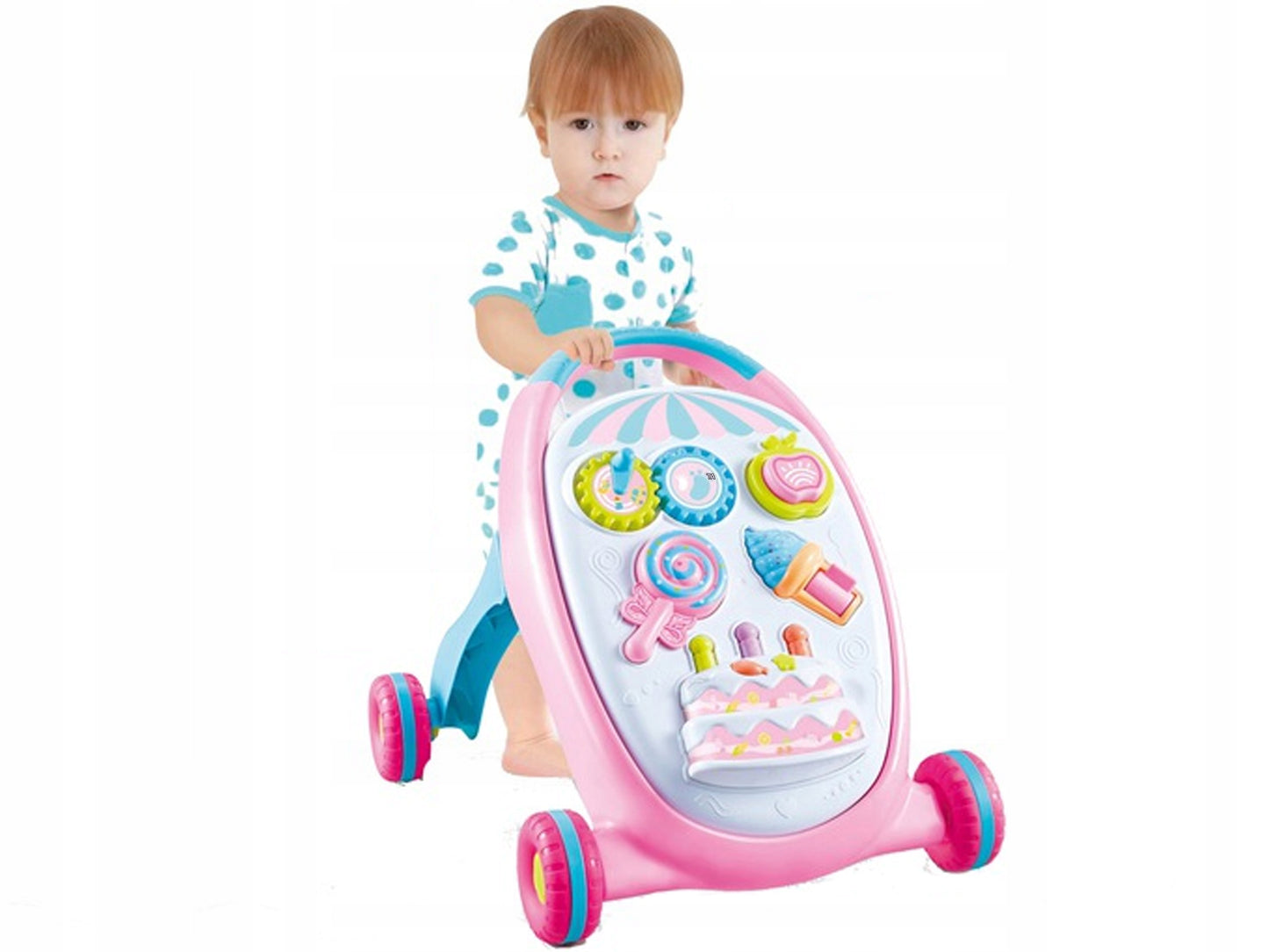 Premergator interactiv IDL Primii pasi - SWEET LOLIPOP, ajuta la coordonarea ochi-mana-sunet, diversitate de accesorii simbolice care asigura distractia celor mici, Diverse activitati in limba engleza, Functionalitate pe baterii, Culoare- roz