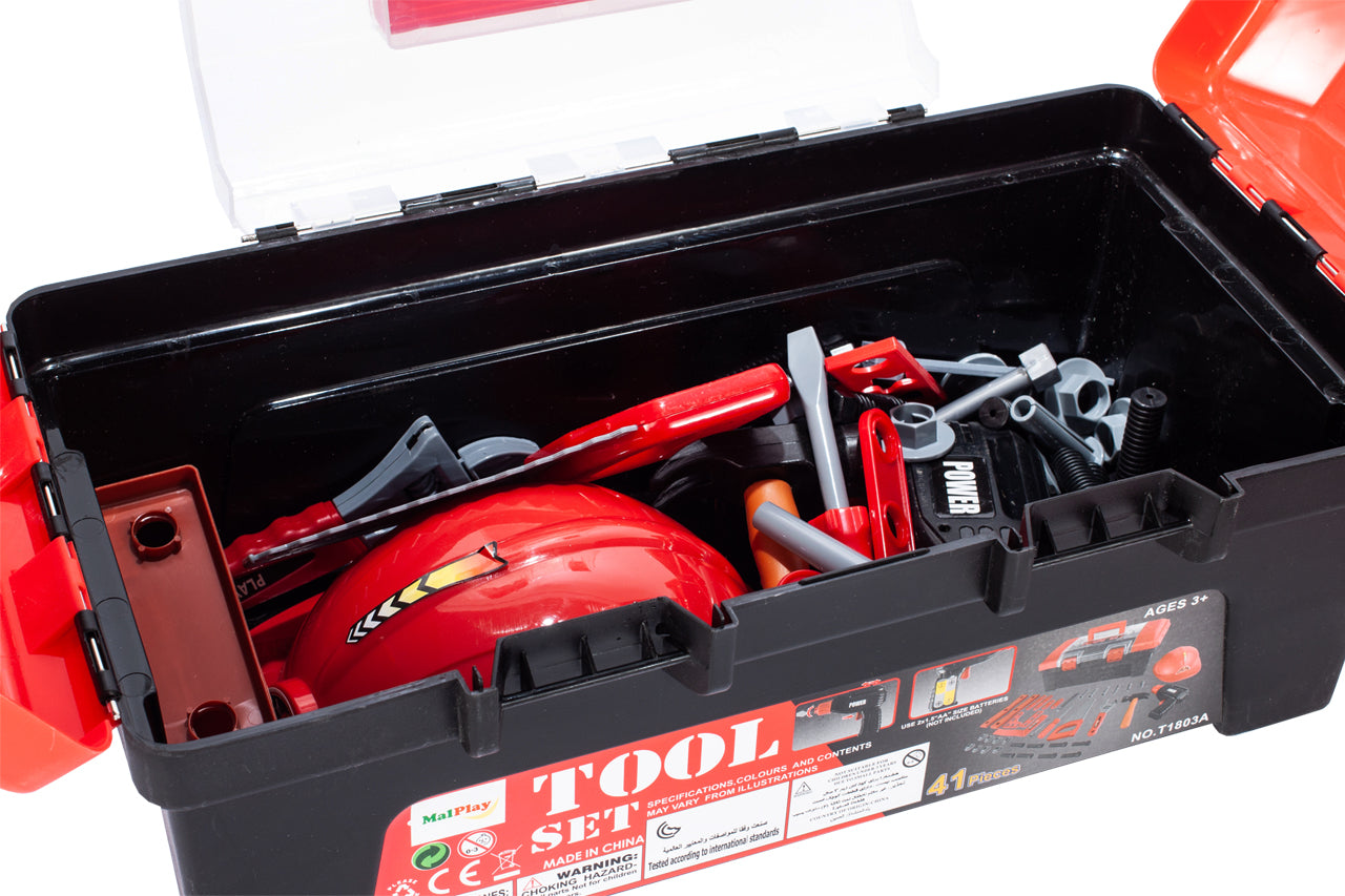 Trusa de bricolaj interactiva, The FIRST TOOL BOX, Echipata cu Accesorii Simbolice care pun in valoare un Joc de rol ce garanteaza amuzament, Alaturi de casca