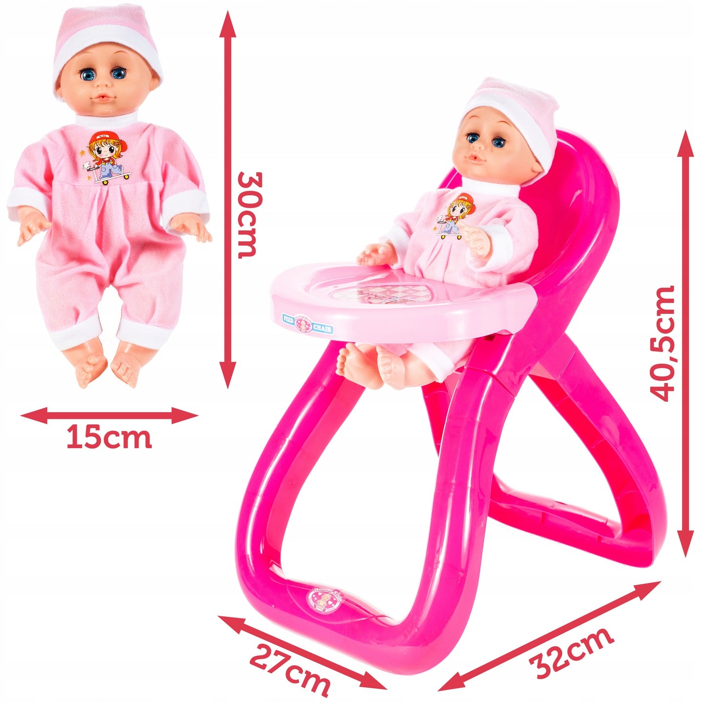 Set Papusa de jucarie IDL BABY PINK cu Scaunel de Hranire si Accesorii tematice realiste pentru jocul de roluri, Incurajeaza dezvoltarea personala intr-un mod distractiv stimuland inteligenta fetitelor, Culoare-Roz