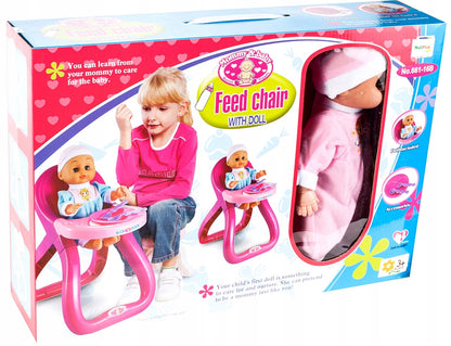 Set Papusa de jucarie IDL BABY PINK cu Scaunel de Hranire si Accesorii tematice realiste pentru jocul de roluri, Incurajeaza dezvoltarea personala intr-un mod distractiv stimuland inteligenta fetitelor, Culoare-Roz